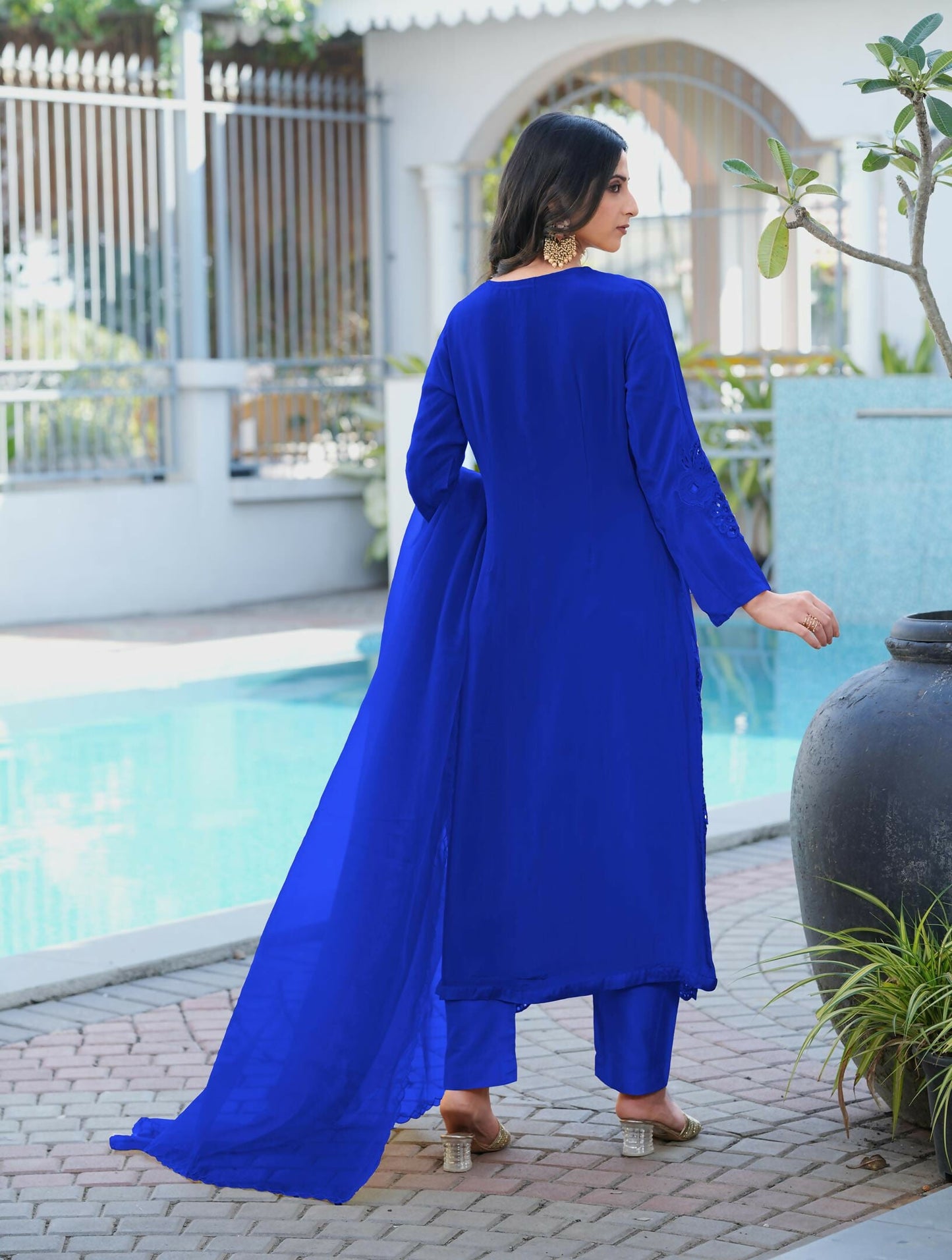 Nikhaar Royal Blue Embroidered Art Silk Stitched Straight Cut Kurta Pants Dupatta Readymade Suit