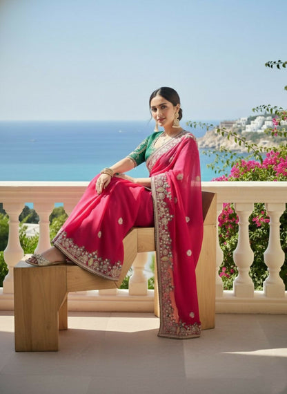 Teeya Creation New Stylish Party Wear Soft Fendy Chiffon Silk Saree-Pink