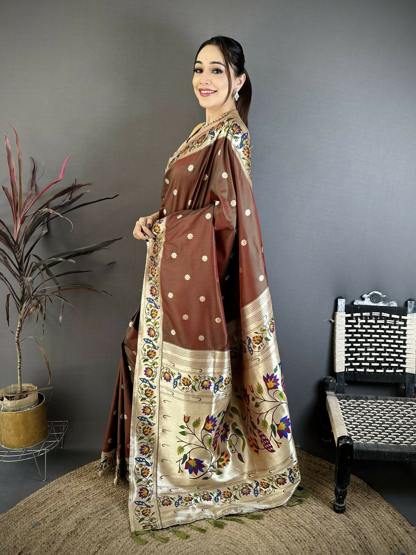 Prime Volt Premium Soft Silk Mayur Paithani Saree with Peacock Meena Weaving & Rich Pallu-Brown