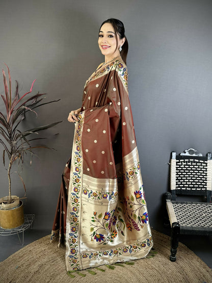 Prime Volt Premium Soft Silk Mayur Paithani Saree with Peacock Meena Weaving & Rich Pallu-Brown