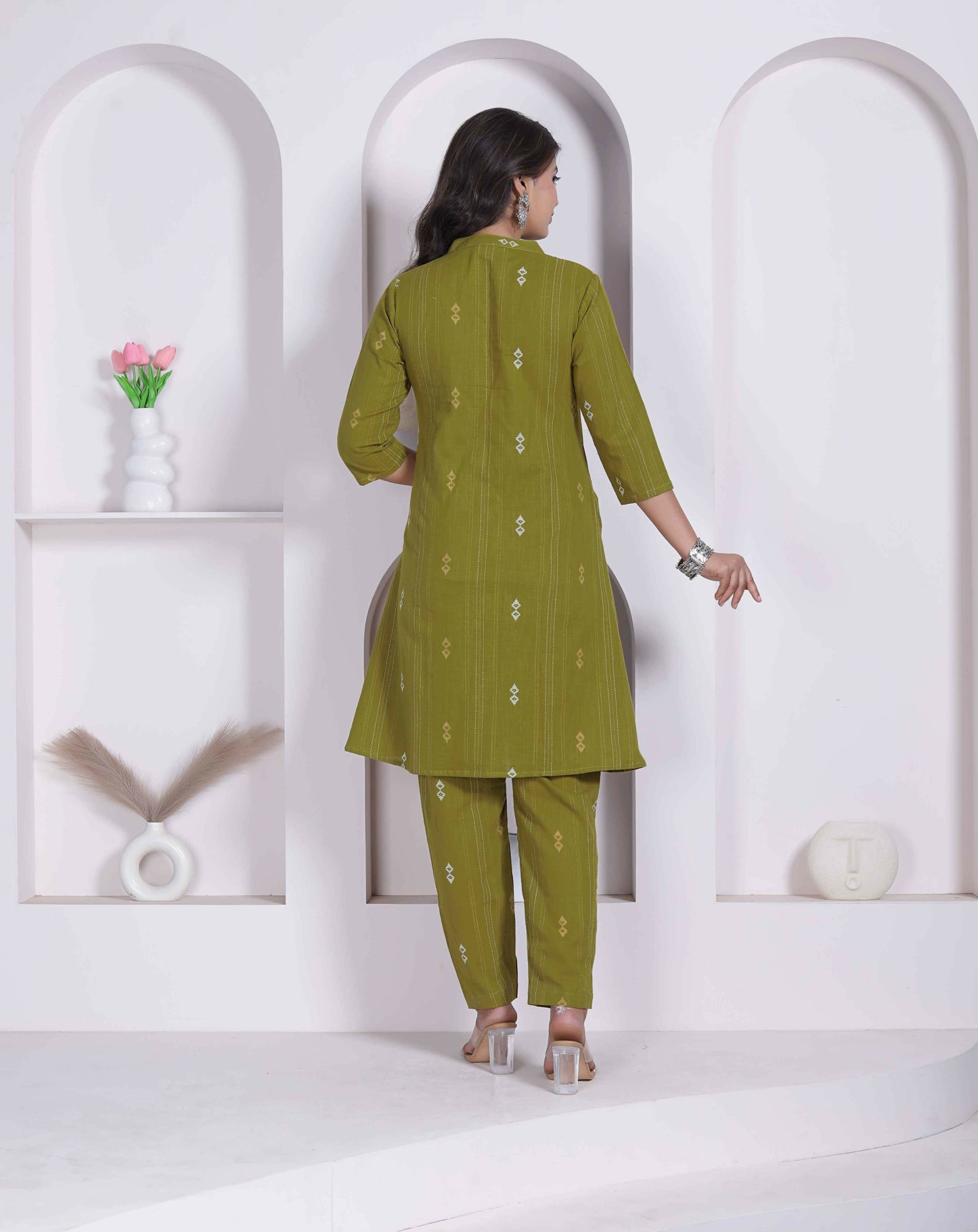 Miravan Womens Green Printed Cotton Straight Kurta With Palazzo