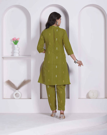 Miravan Womens Green Printed Cotton Straight Kurta With Palazzo
