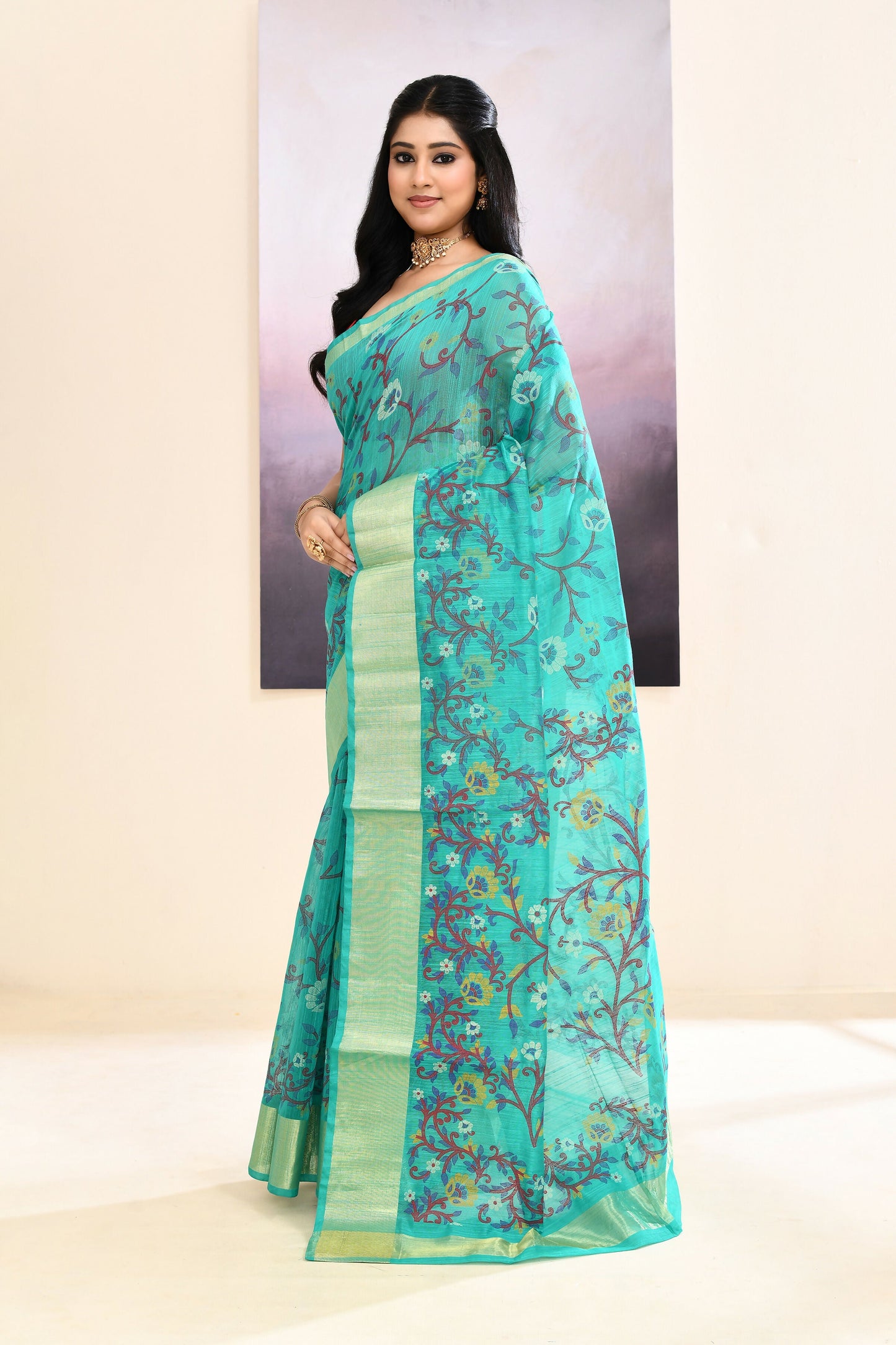Piyari Fashion Women's Turquoise Embellished Cotton Blend Printed Saree