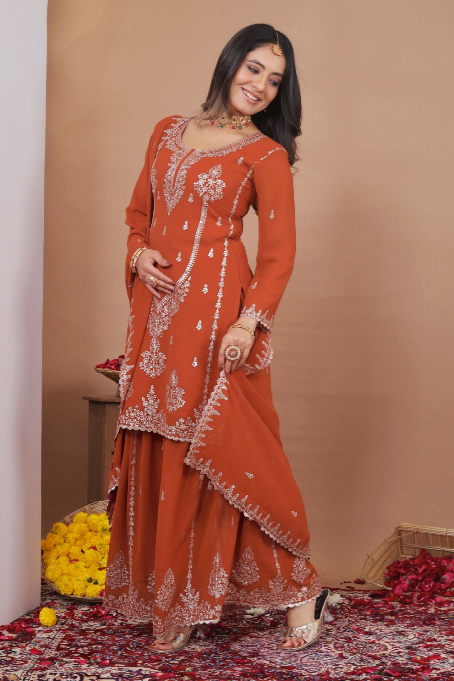 The52 Women's Gorgeous Embroidery Work Fox Georgette Fabric Straight Kurta Sharara and Dupatta Set-Orange