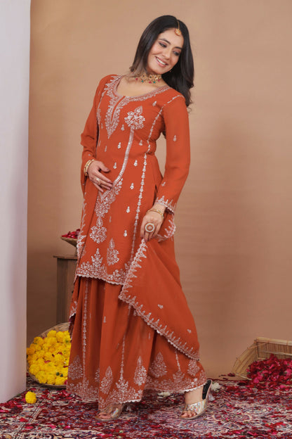 The52 Women's Gorgeous Embroidery Work Fox Georgette Fabric Straight Kurta Sharara and Dupatta Set-Orange
