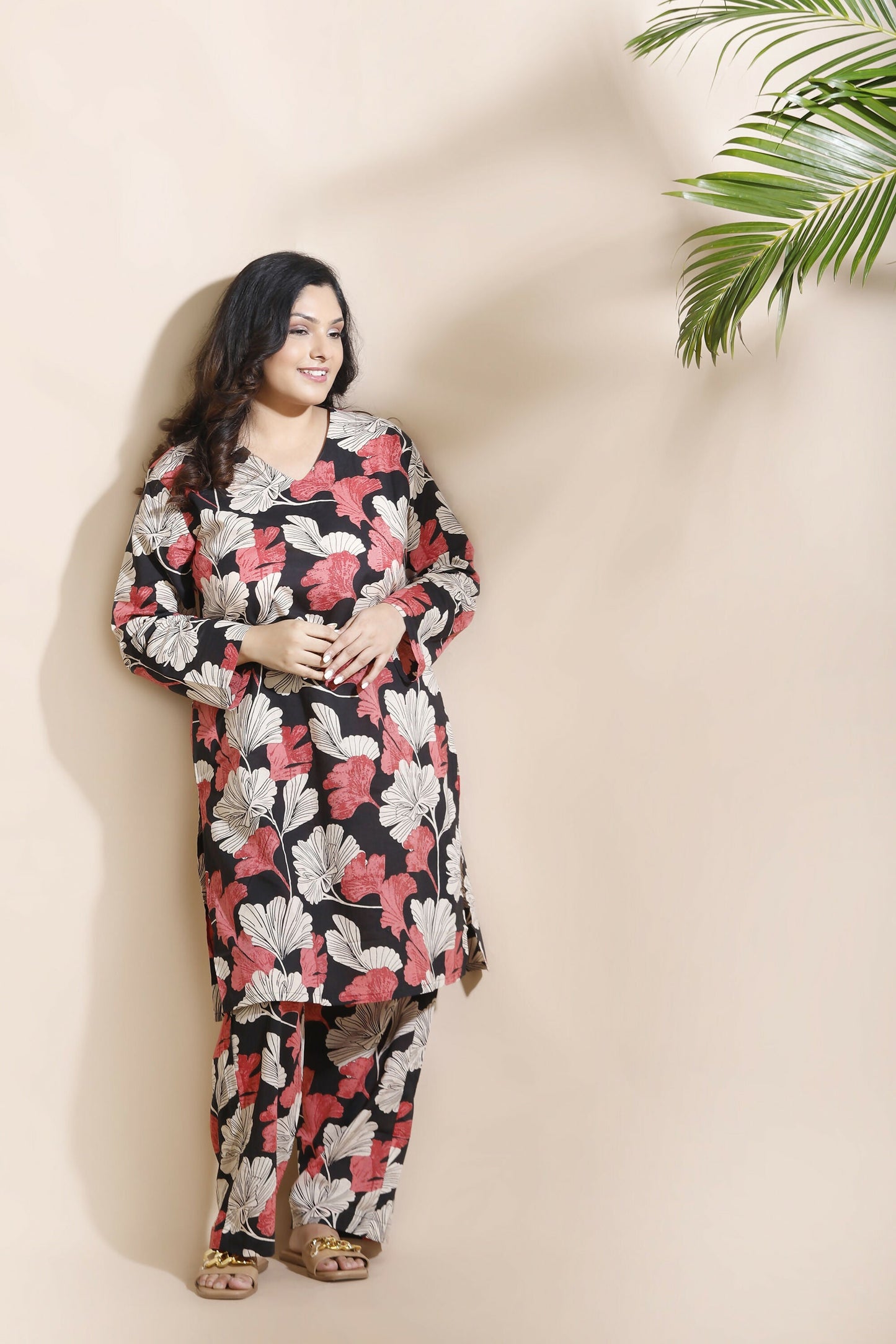 Breathables Black Floral Print Cotton Long Kurta Co-Ord Set Cotton