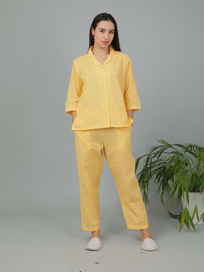Breathables Women Cotton Checks Night Suit Shirt And Pants Co-Ord Set I Night Wear-Yellow