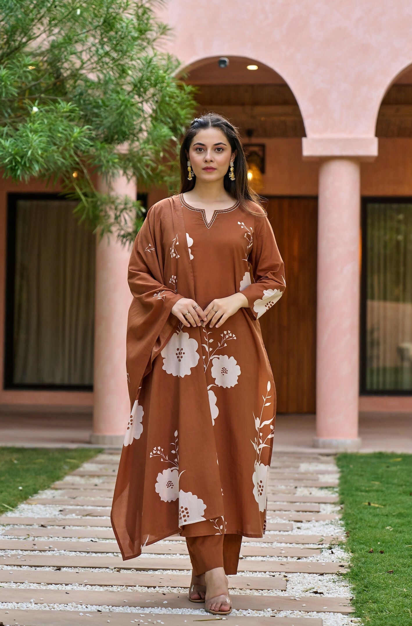 The52 Women's Gorgeous Printed Work Muslin Fabric Straight Kurta Pant and Dupatta Set-Brown