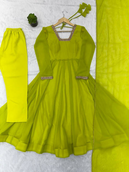 Teeya Creation Women'S Lime Parrot Green Solid Flared Anarkali Kurta With Dupatta Set