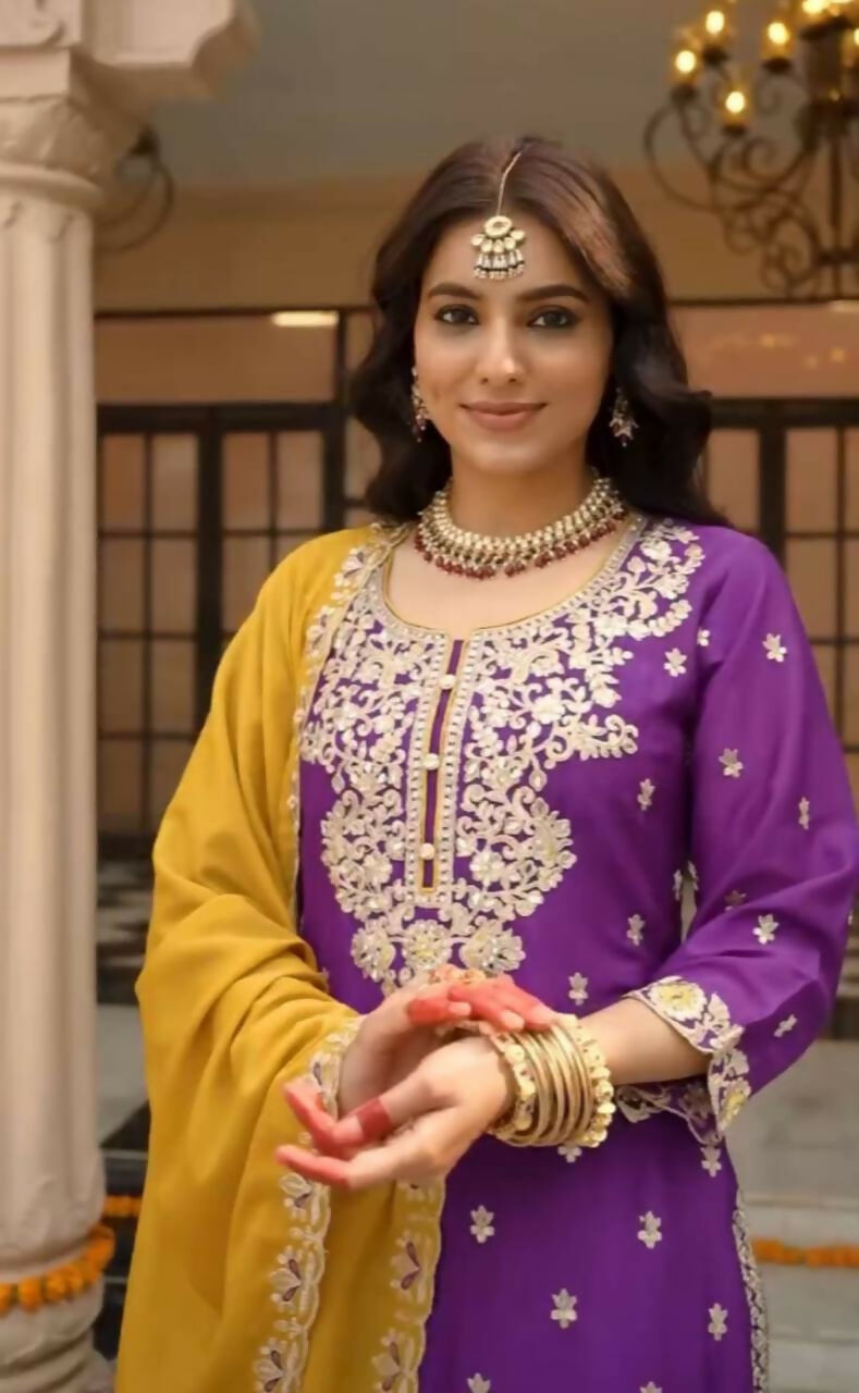 Teeya Creation Womens New Wedding Wear Heavy Embroidery Thread Work Purple Kurta Set
