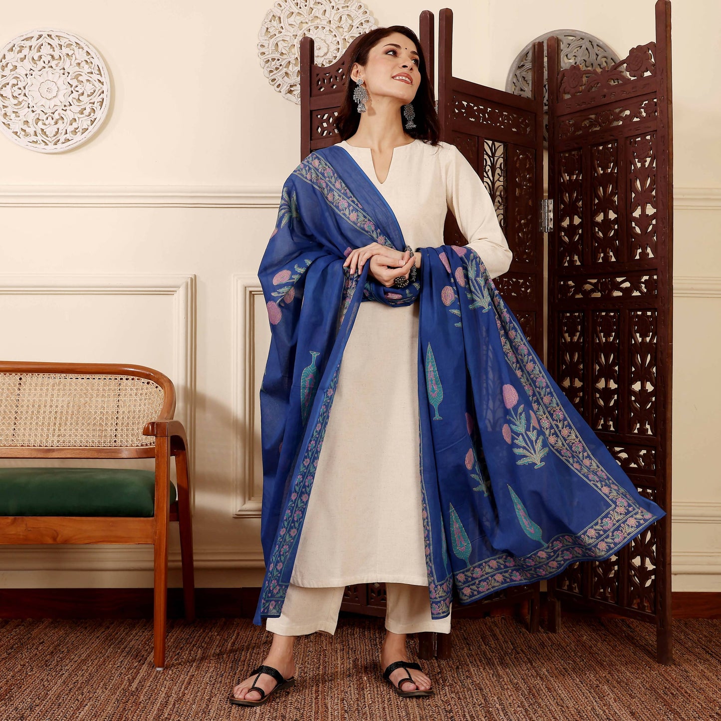 The52 Women's Gorgeous Solid Chanderi Silk Fabric Straight Kurta Pant and Dupatta Set