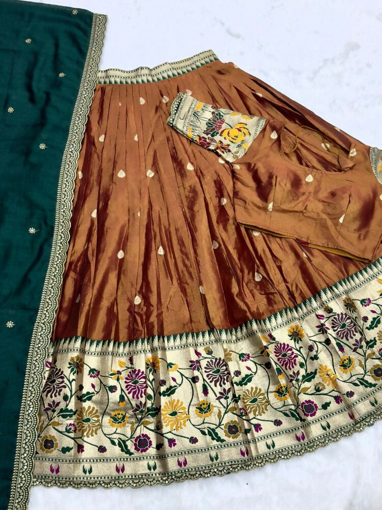 Teeya Creation Elegant Copper Brown Lehenga with Rich Emerald Green Contrast Dupatta