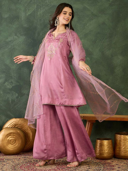 The52 Women's Gorgeous Embroidery Work Viscose Silk Fabric A-line Kurta Sharara and Dupatta Set