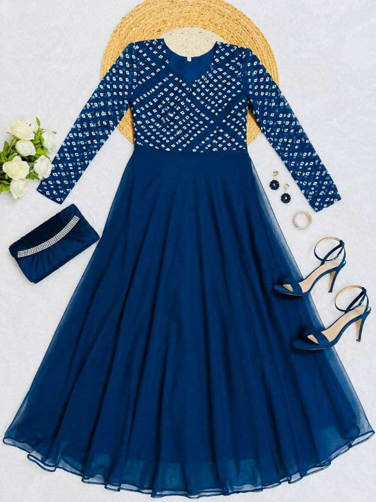Teeya Creation Women's Teal Bandhani Print Anarkali Gown