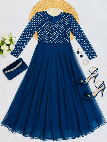 Teeya Creation Women's Teal Bandhani Print Anarkali Gown