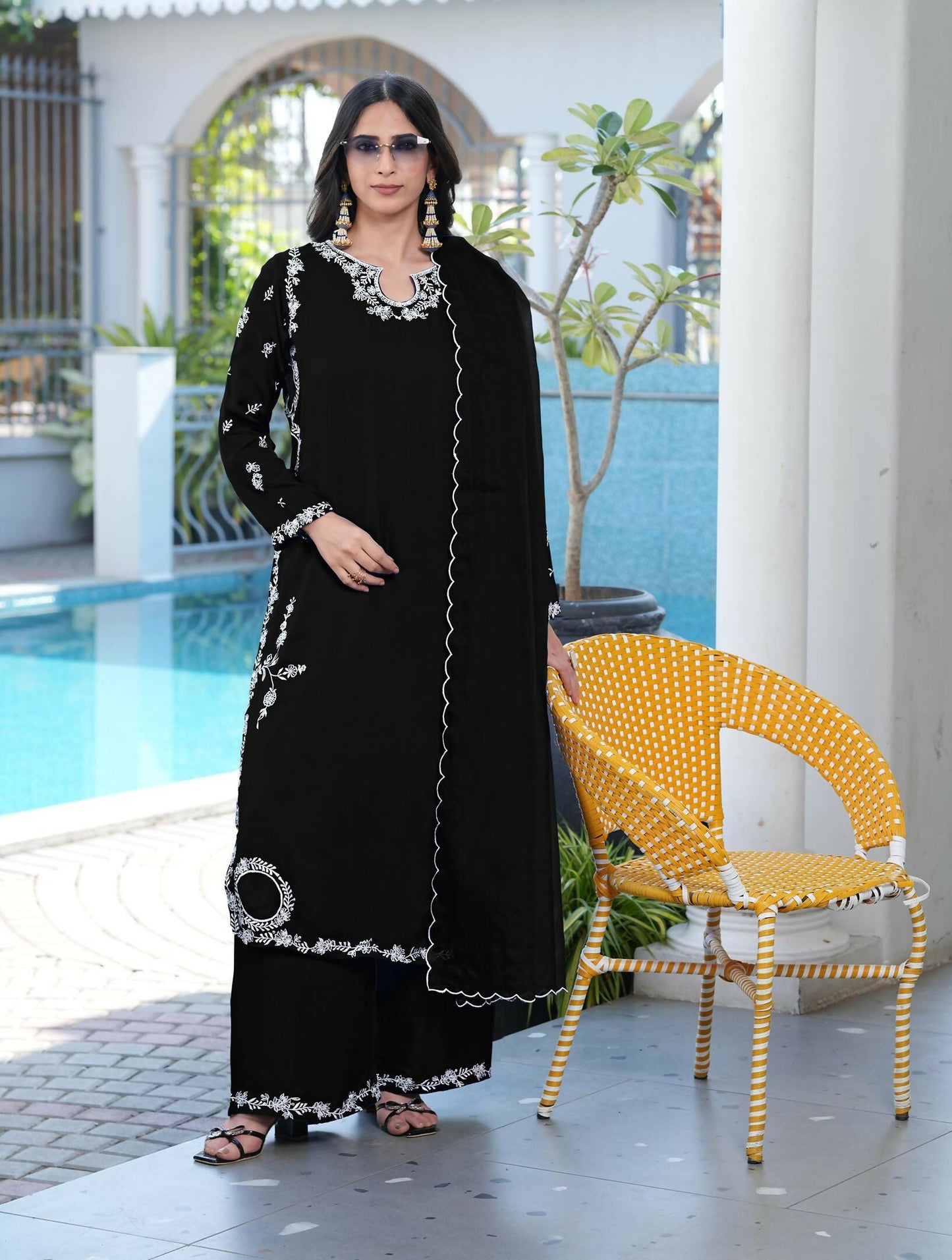 Nikhaar Black Embroidered Modal Silk Stitched Straight Cut Kurta Culottes Dupatta Readymade Suit