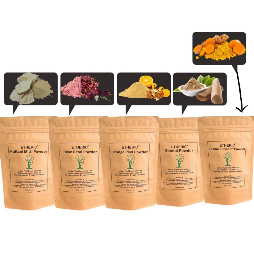 Etheric Face Pack Combo  Sandal, Rose, Orange Peel & Kasturi Turmeric Mask