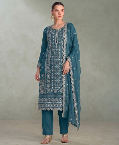 KC Sky Blue Pakistani Straight Suit For Women Chiffon
