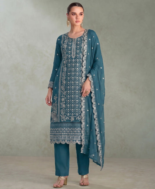KC Sky Blue Pakistani Straight Suit For Women Chiffon