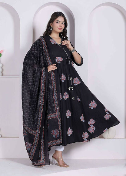 Miravan Black Printed Cotton Anarkali Kurta & Dupatta For Women