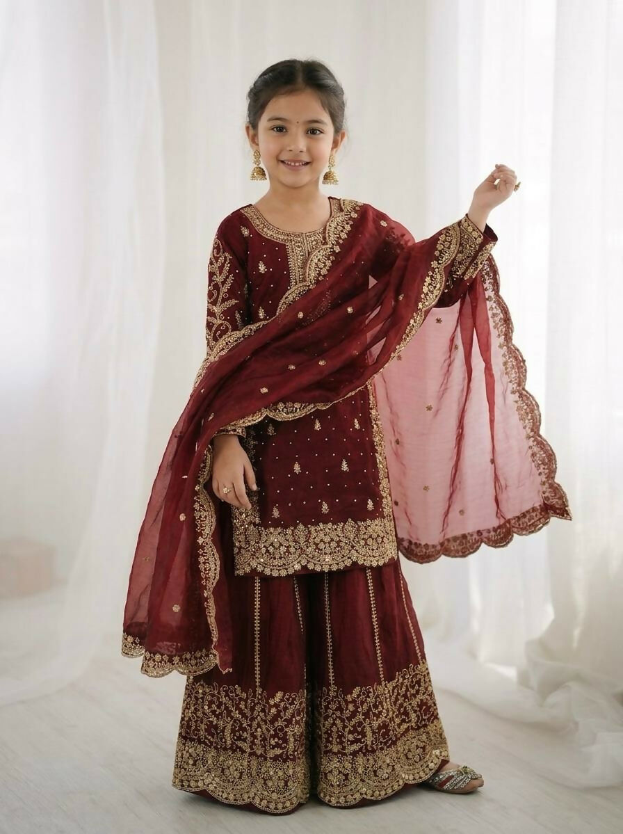 Teeya Creation Girls Heavy Embroidery Maroon Ethnic Kurta And Palazzo Set With Net Dupatta