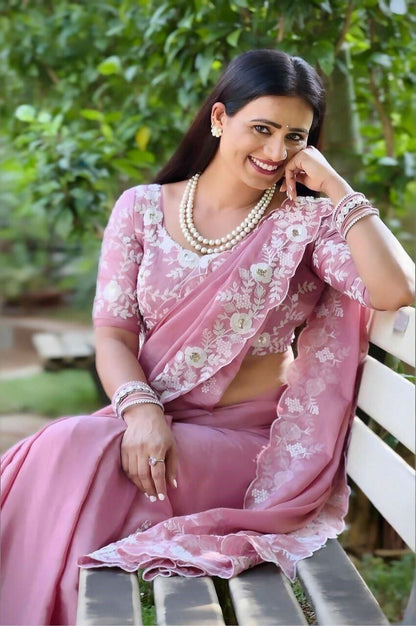 Teeya Creation New Womens Trendy Stylish Embroidered Work Saree-Beige
