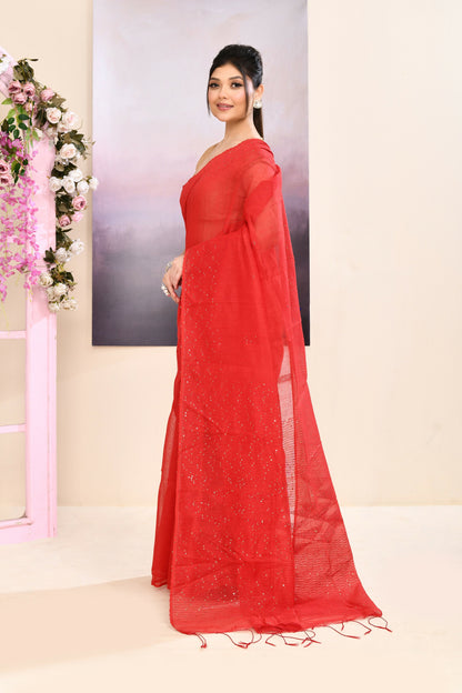 Piyari Fashion Women's Red Self Sequins Embellished Cotton Blend Jamdani Saree
