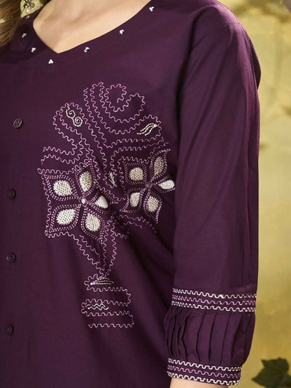 Teeya Creation Wine Embroidered Cotton Co-ord Set for Women