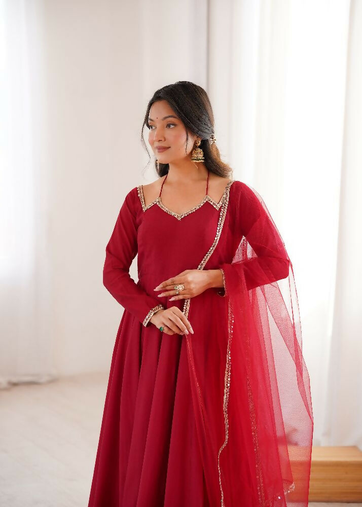 The52 Women's Gorgeous Embroidery Work Roman Silk Chanderi Fabric Flared Anarkali Pant and Dupatta Set