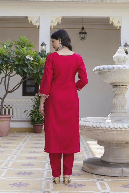 The52 Women's Beautiful Embroidery Work Viscose Chanderi Fabric Straight Kurta Pant and Dupatta Set-Red