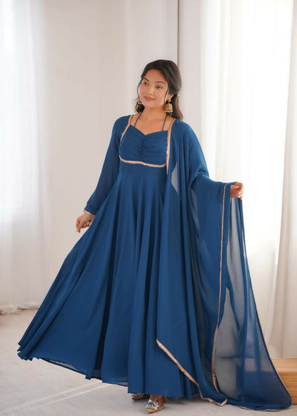 The52 Women's Gorgeous Solid Fox Blooming Georgette Fabric Flared Anarkali and Dupatta Set-Teal Blue