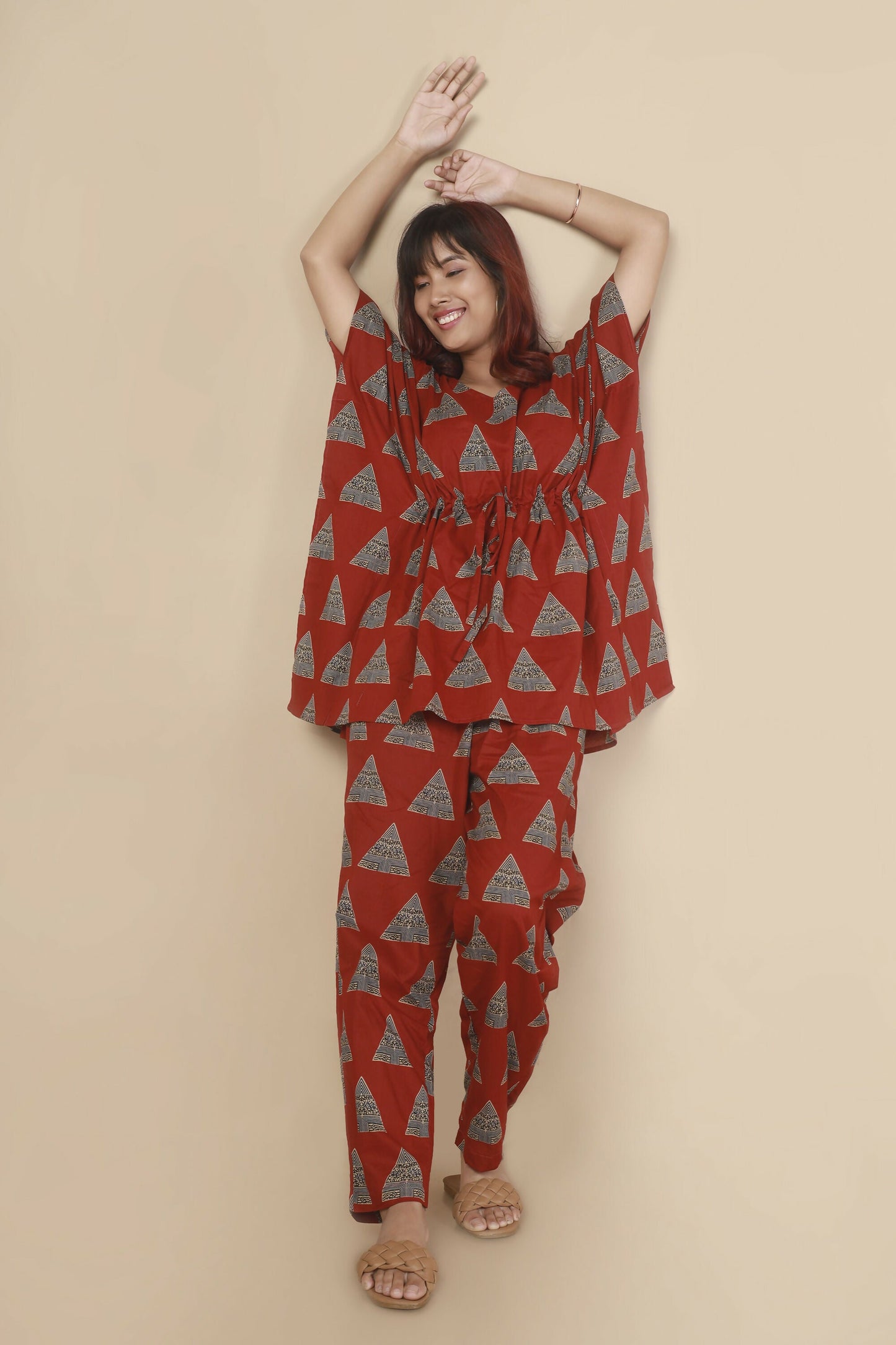 Breathables WomenS Loungewear Kaftan Cotton Red Geometric Print Co-Ord Set