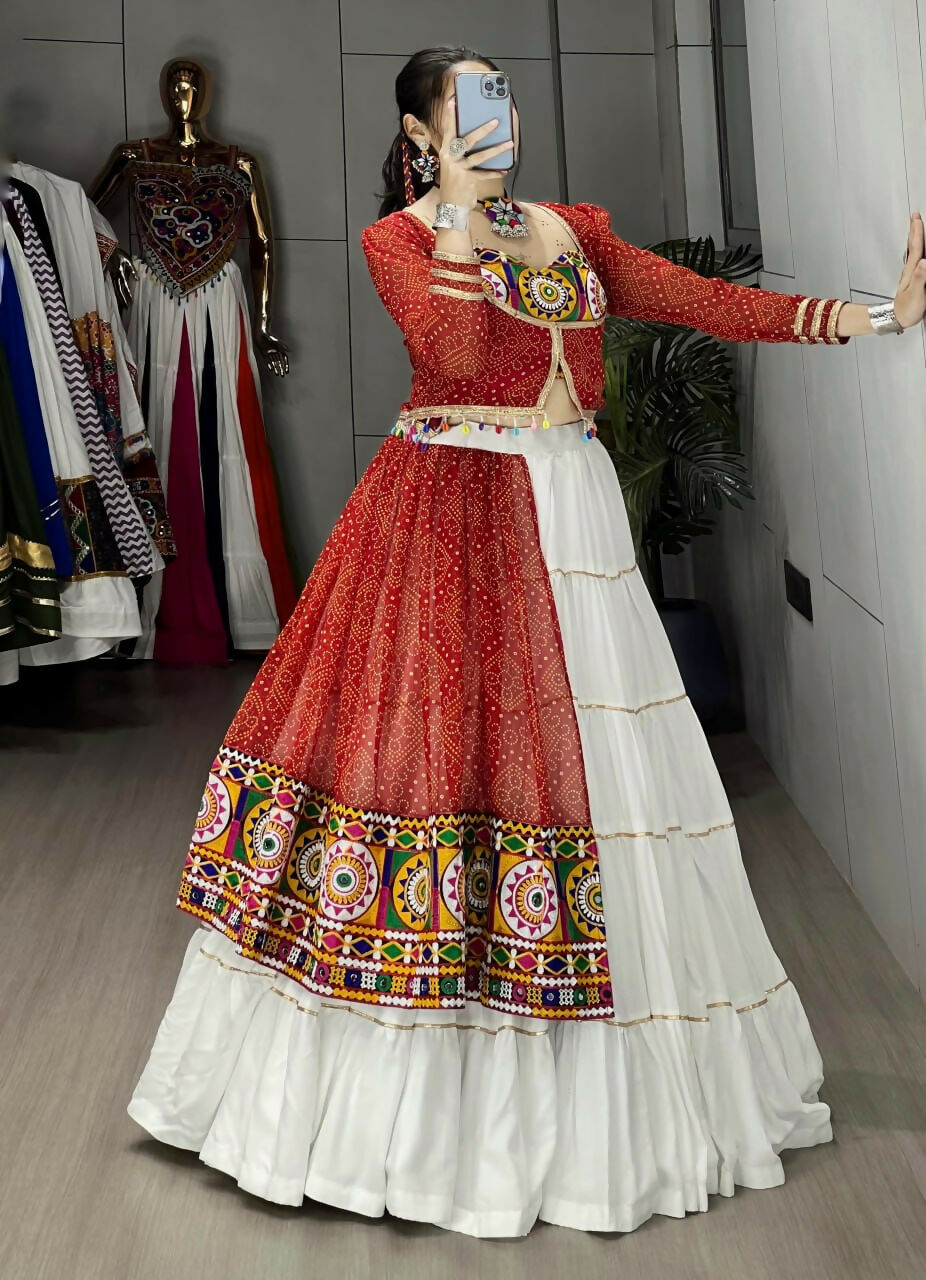 Yash Enterprise Red And White Rayon Cotton Embroidery Semi Stitched Navratri Top Chaniya Choli