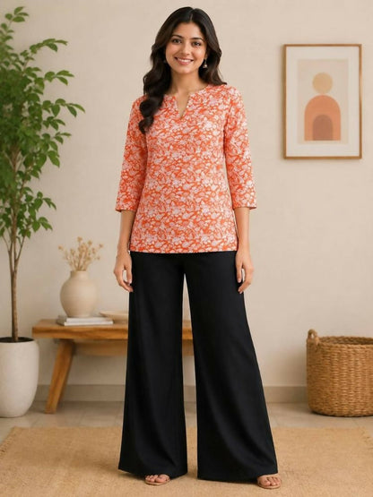 Teeya Creation Womens New Trendy Orange Floral Printed Short Kurti with Beige Palazzo Set
