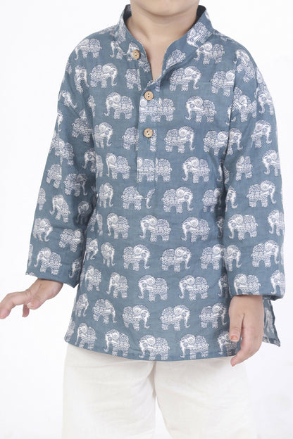 Breathables Kids Boys & Girls Cotton Night Suit  Grey Elephant Print Kurta & Pyjama Co-Ord Set