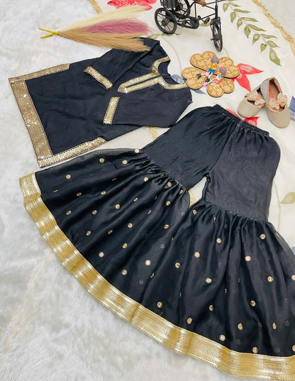 Teeya Creation New Kids Trendy Heavy Embroidery Sequence Work Kurta Sharara Set-Black