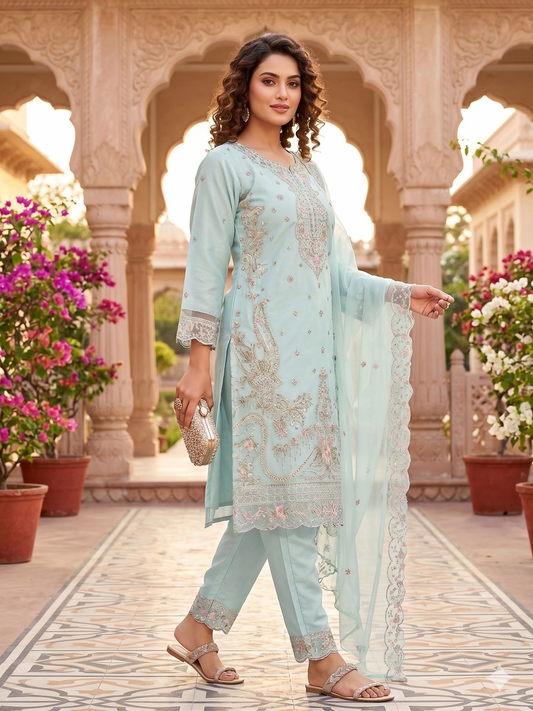 Teeya Creation Womens New Trendy Silk With Heavy Embroiedery With Sequence Work Sky-Blue Kurta Set