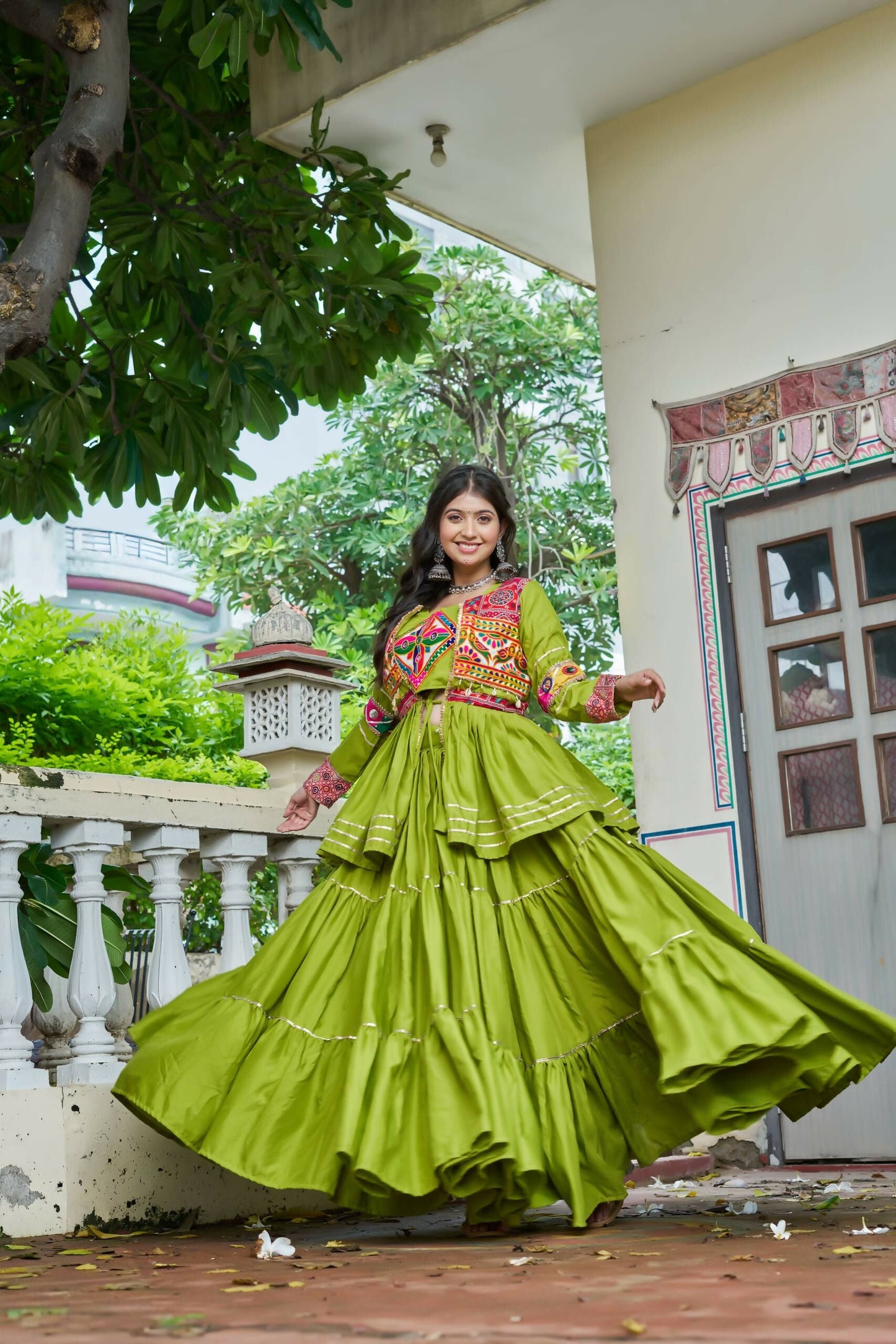 Teeya Creation Womens New Stylish Heavy Gamthi Work With Mirror Lace Work Green Gown Set