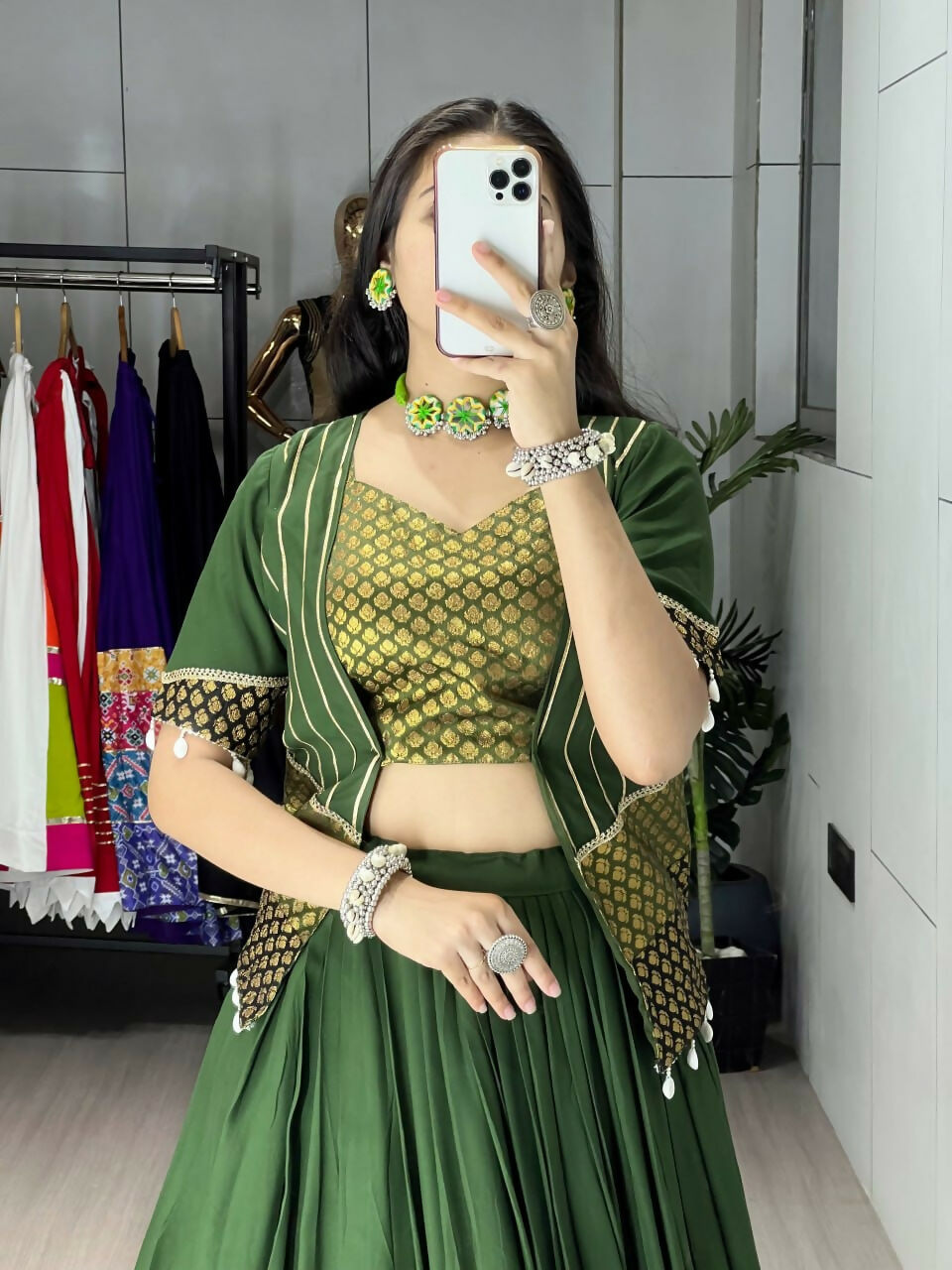 Yash Enterprise Mehndi Rayon Cotton Embroidery Semi Stitched Navratri Top Chaniya Choli