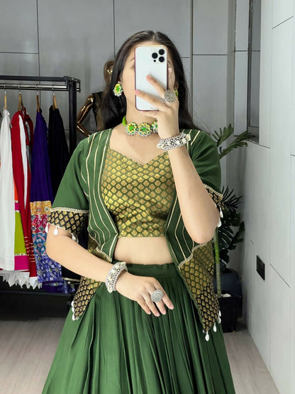 Yash Enterprise Mehndi Rayon Cotton Embroidery Semi Stitched Navratri Top Chaniya Choli
