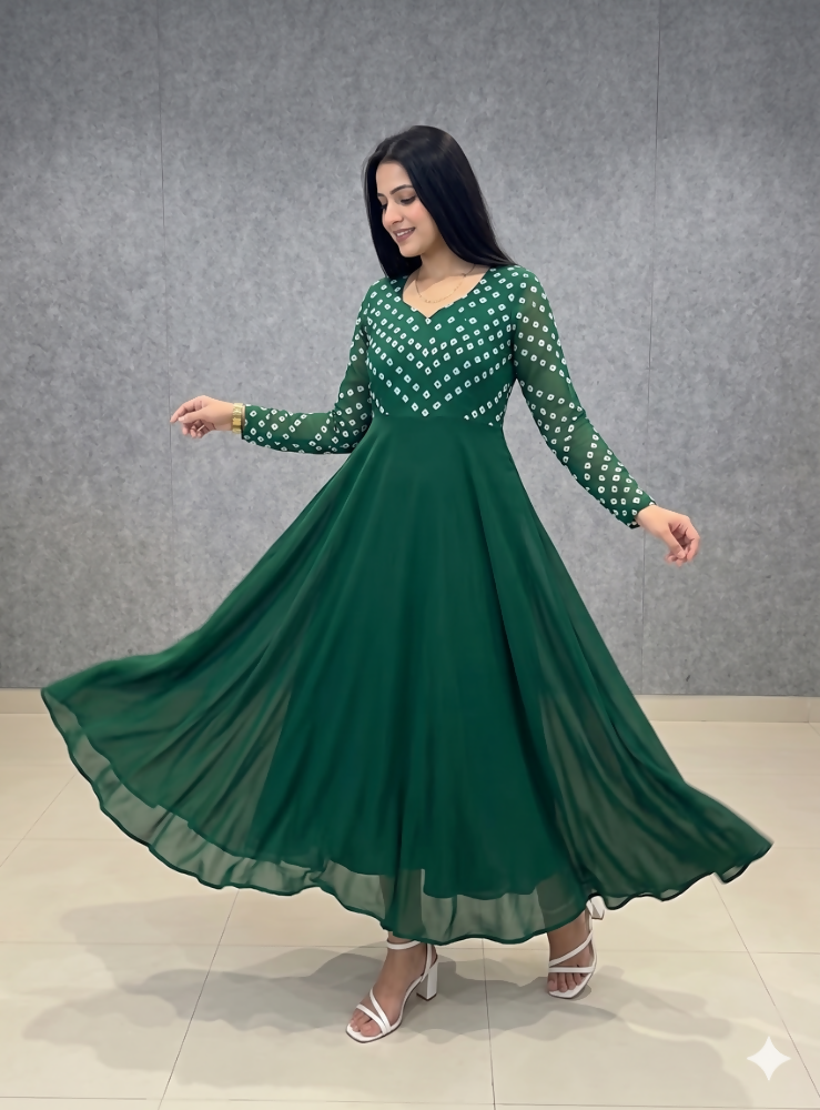 Teeya Creation Women's Green Bandhani Print Anarkali Gown