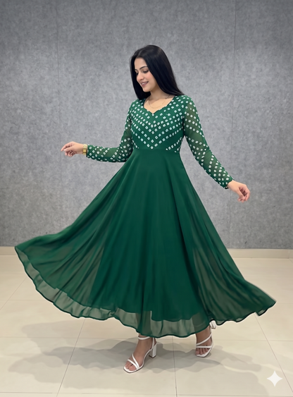 Teeya Creation Women's Green Bandhani Print Anarkali Gown
