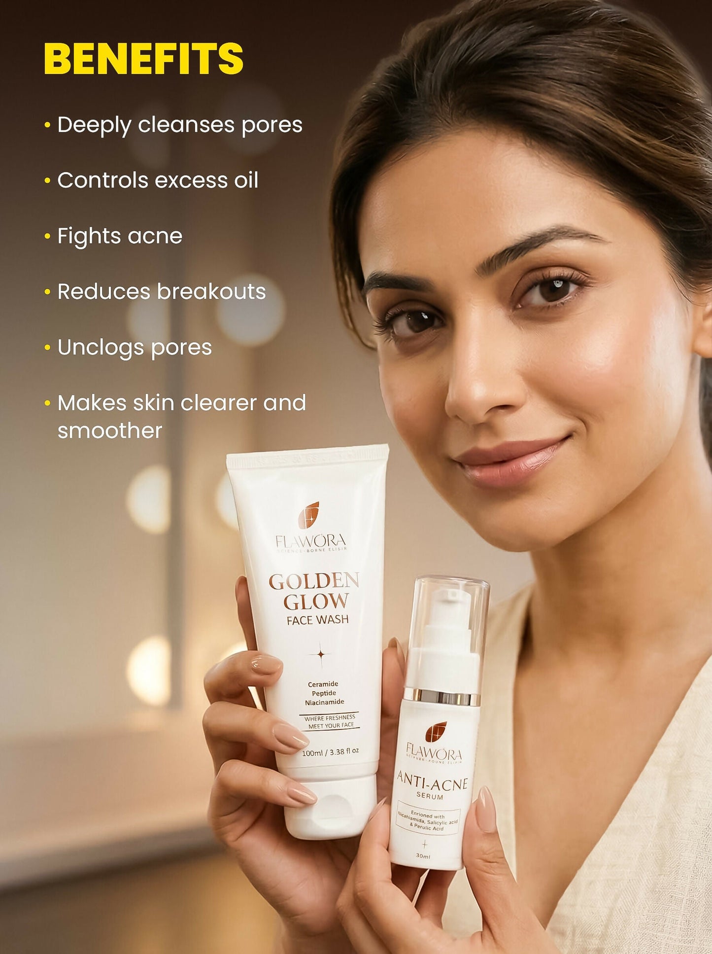 Flawora Set of Golden Glow Face Wash and Anti Acne Serum