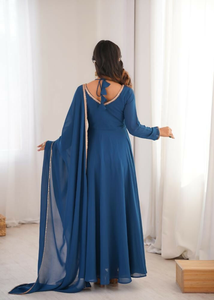The52 Women's Gorgeous Solid Fox Blooming Georgette Fabric Flared Anarkali and Dupatta Set-Teal Blue
