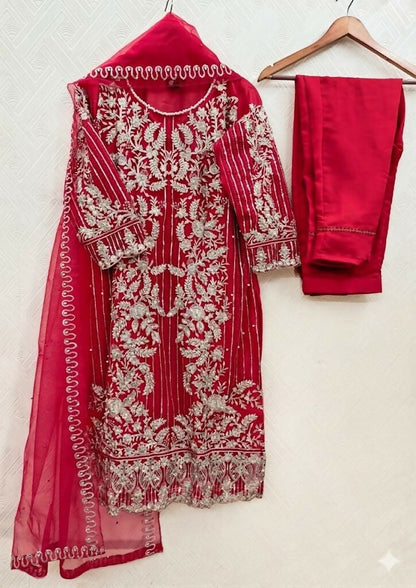 Teeya Creation Womens New Soft Net With Heavy Embroiedery With Sequence Work Red Kurta Set