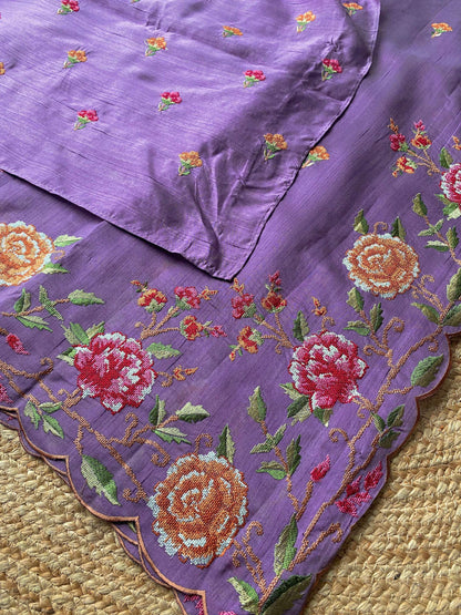 Mameraa Sarees Lavender Matka Silk Saree With Heavy Floral Embroidery Border With Running Blouse-Lavender