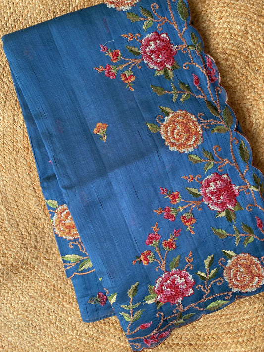 Mameraa Sarees Teal Matka Silk Saree With Heavy Floral Embroidery Border With Running Blouse-Teal