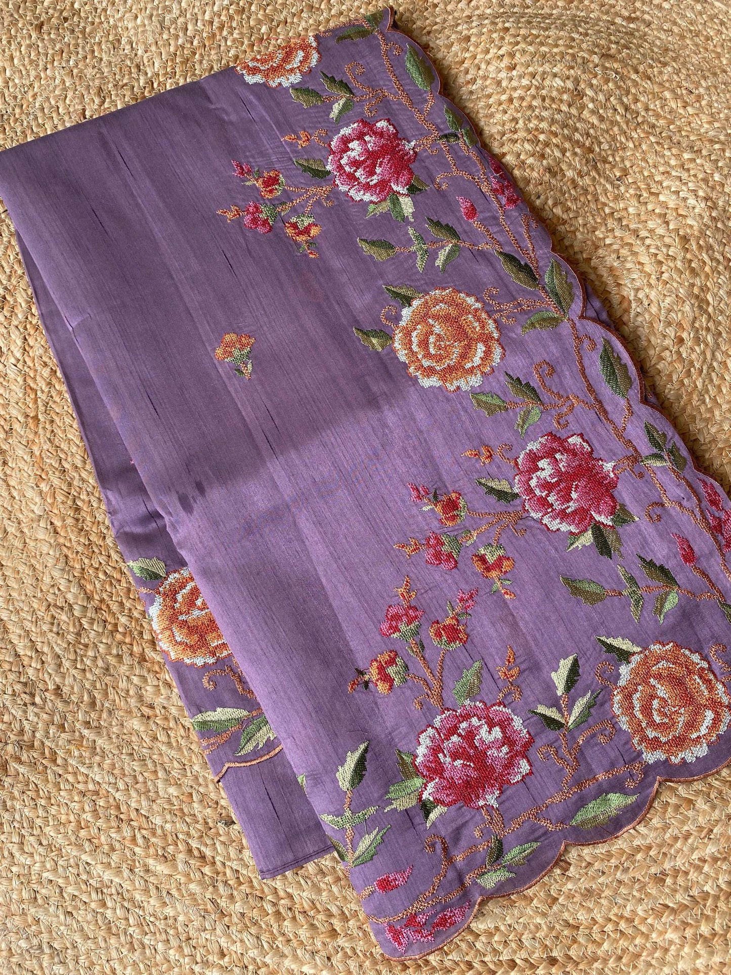 Mameraa Sarees Lavender Matka Silk Saree With Heavy Floral Embroidery Border With Running Blouse-Lavender