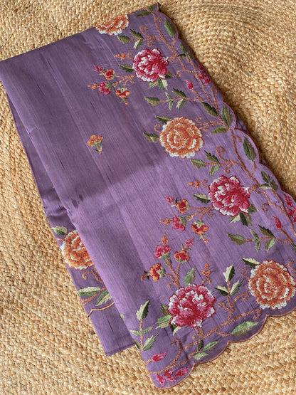 Mameraa Sarees Lavender Matka Silk Saree With Heavy Floral Embroidery Border With Running Blouse-Lavender