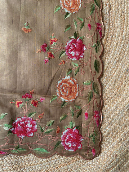 Mameraa Sarees Brown Matka Silk Saree With Heavy Floral Embroidery Border With Running Blouse-Brown